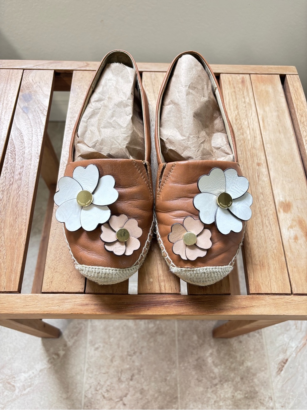 Michael Kors Brown Leather Espadrille Flats with White & Cream Floral Appliqués